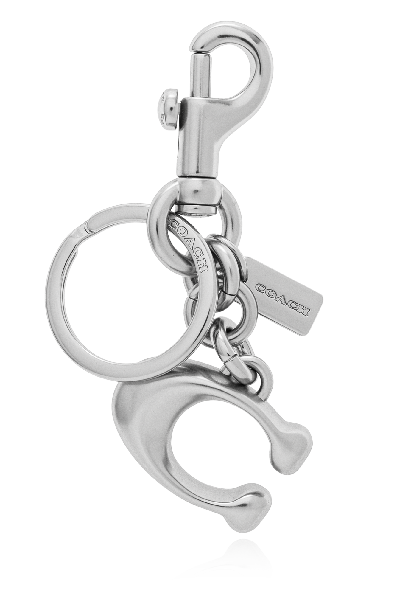 Silver Keychain with a pendant in the shape of a logo Coach